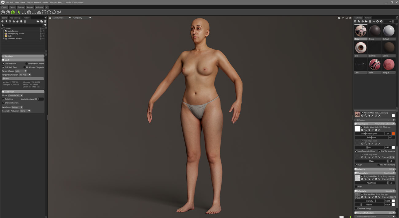 Marmoset Toolbag real-time scene render of a female 3D body scan with PBR materials applied